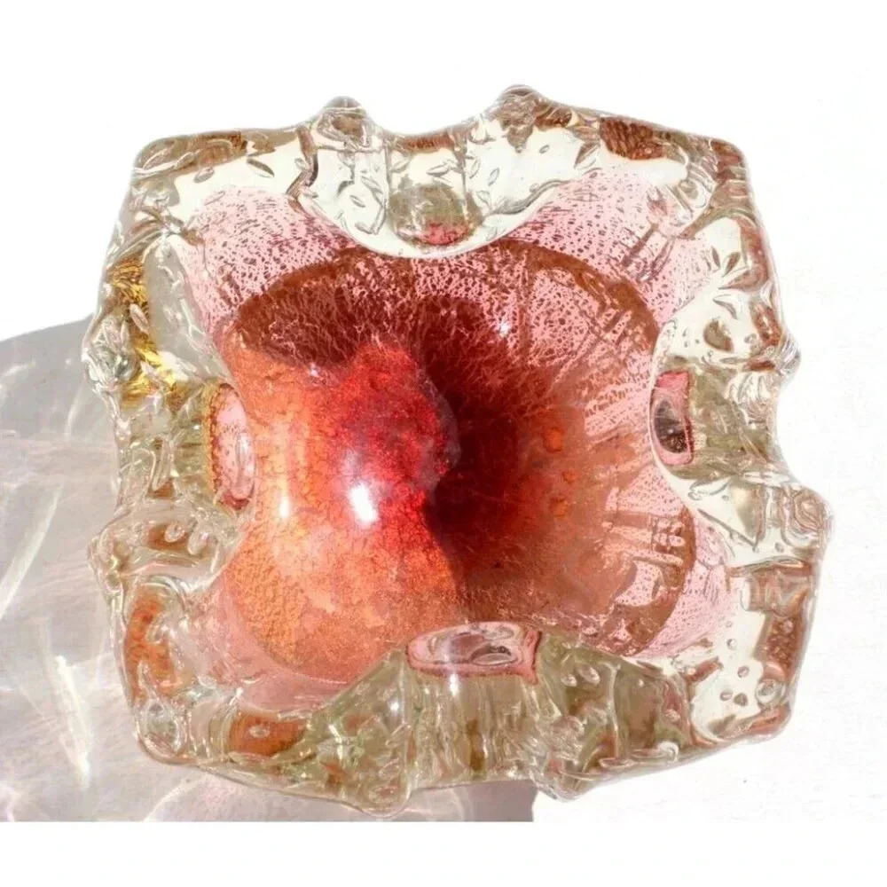 Vtg MID CENTURY Retro Orange Art Glass Metallic Bubbles Color Dish Ashtray